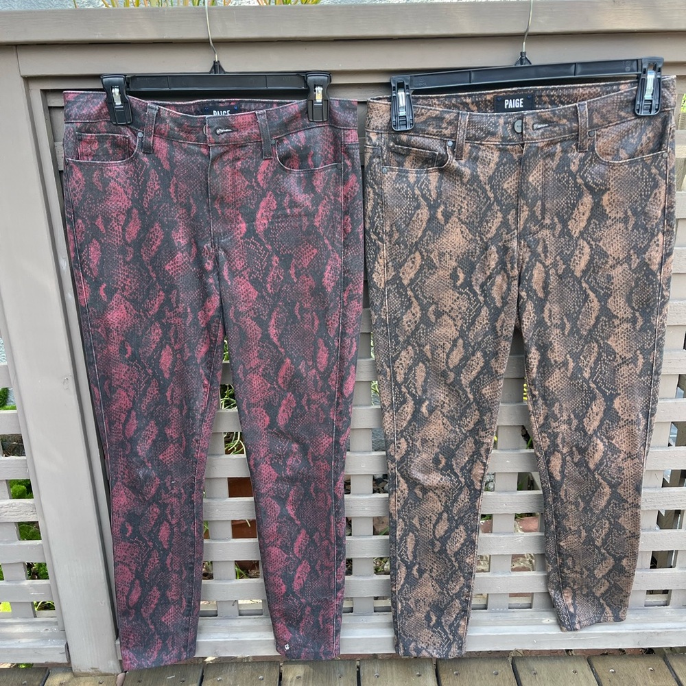 PAIGE Red and Brown Skinny Jeans with Snakeskin Print